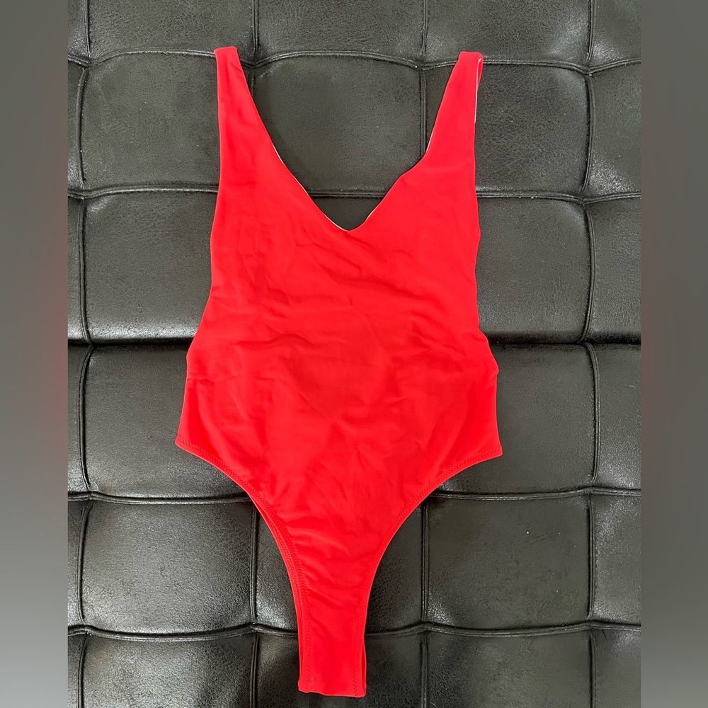 Red one piece thong bathing suit